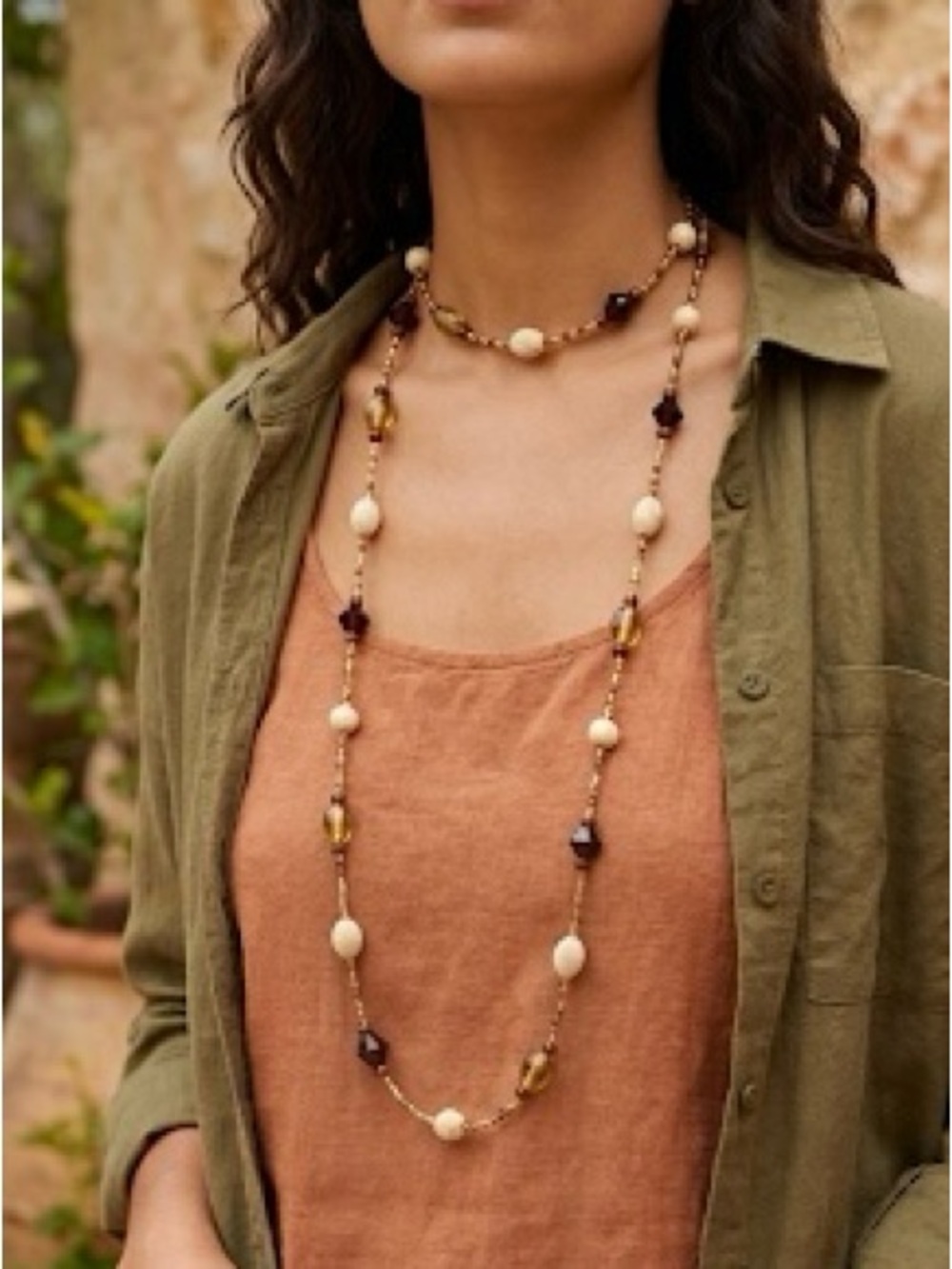 vintage "Bohemian" / “Art Deco" necklace . A mix of beads in earthly tones .